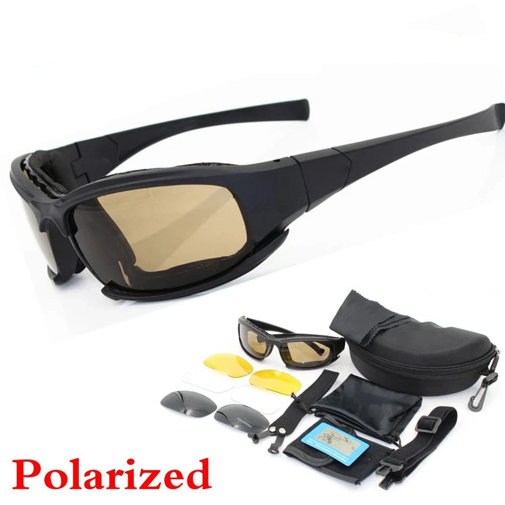 Novos óculos táticos de 4 lentes – Óculos de segurança polarizados à prova de vento e poeira para esportes ao ar livre (escalada, ciclismo, pesca)