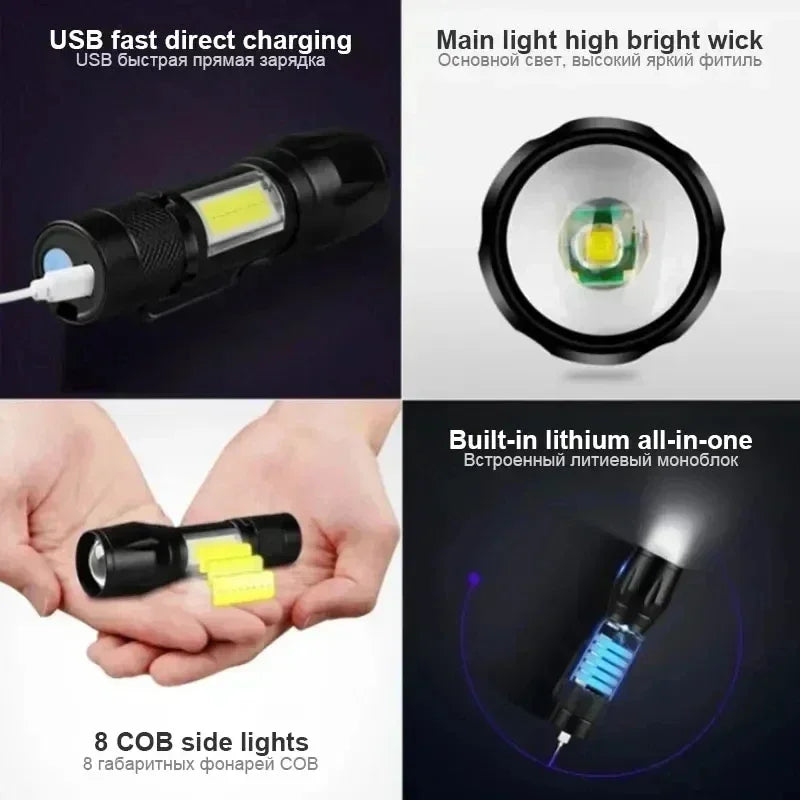 Lanterna Tática Recarregável USB com Zoom de Longo Alcance