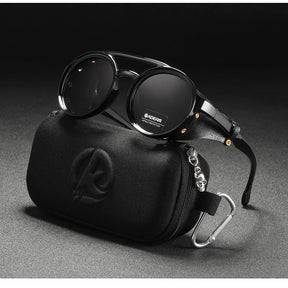 KDEAM Óculos de sol redondos vintage masculino feminino escudo de couro óculos de sol ponte dupla projetado sombra KD179