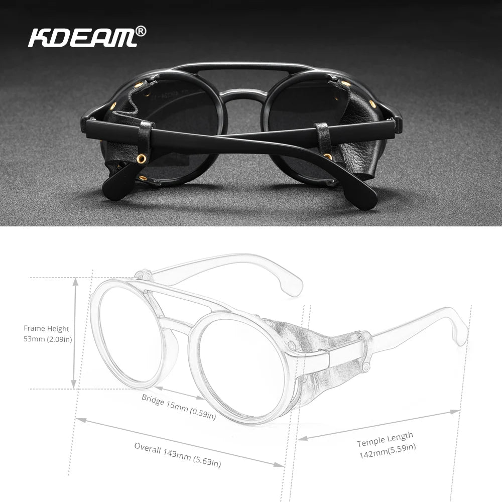 KDEAM Óculos de sol redondos vintage masculino feminino escudo de couro óculos de sol ponte dupla projetado sombra KD179