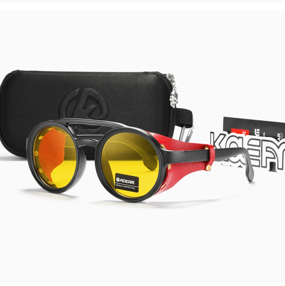 KDEAM Óculos de sol redondos vintage masculino feminino escudo de couro óculos de sol ponte dupla projetado sombra KD179