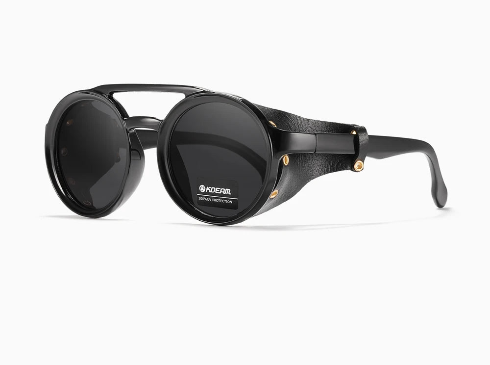 KDEAM Óculos de sol redondos vintage masculino feminino escudo de couro óculos de sol ponte dupla projetado sombra KD179