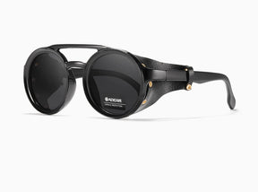 KDEAM Óculos de sol redondos vintage masculino feminino escudo de couro óculos de sol ponte dupla projetado sombra KD179