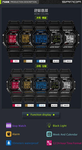 SANDA-G Style Relógio Militar para Homens e Mulheres, Resistente À Água, Relógios Esportivos, Quadrado LED, Relógios de Pulso Digitais, Presente Casal, Moda