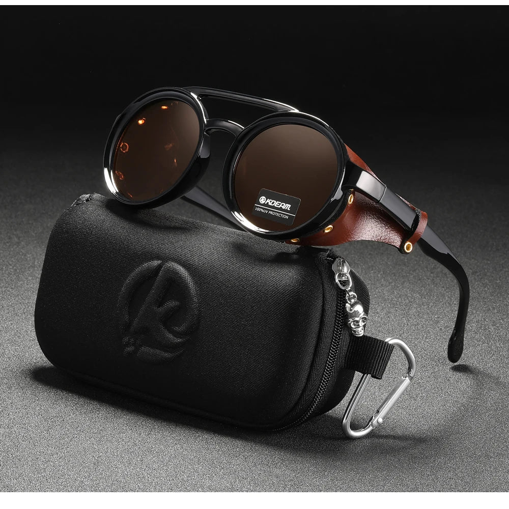 KDEAM Óculos de sol redondos vintage masculino feminino escudo de couro óculos de sol ponte dupla projetado sombra KD179