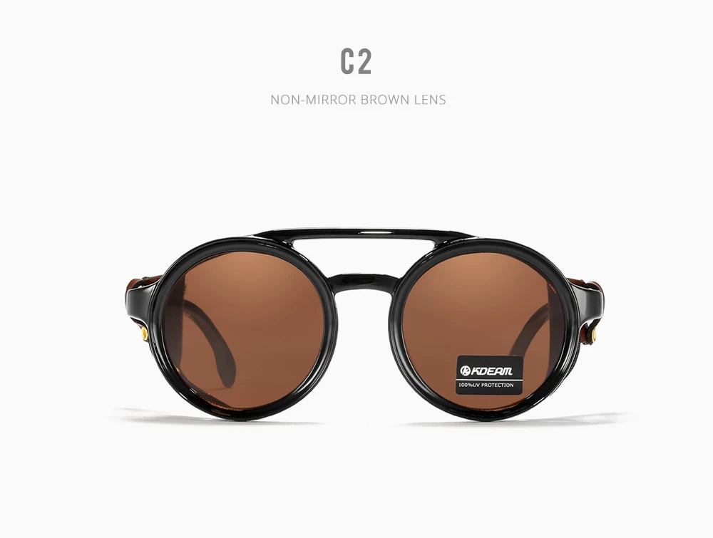 KDEAM Óculos de sol redondos vintage masculino feminino escudo de couro óculos de sol ponte dupla projetado sombra KD179