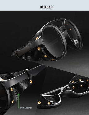 KDEAM Óculos de sol redondos vintage masculino feminino escudo de couro óculos de sol ponte dupla projetado sombra KD179