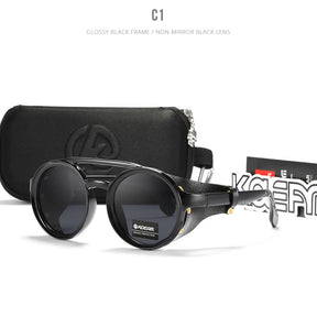 KDEAM Óculos de sol redondos vintage masculino feminino escudo de couro óculos de sol ponte dupla projetado sombra KD179