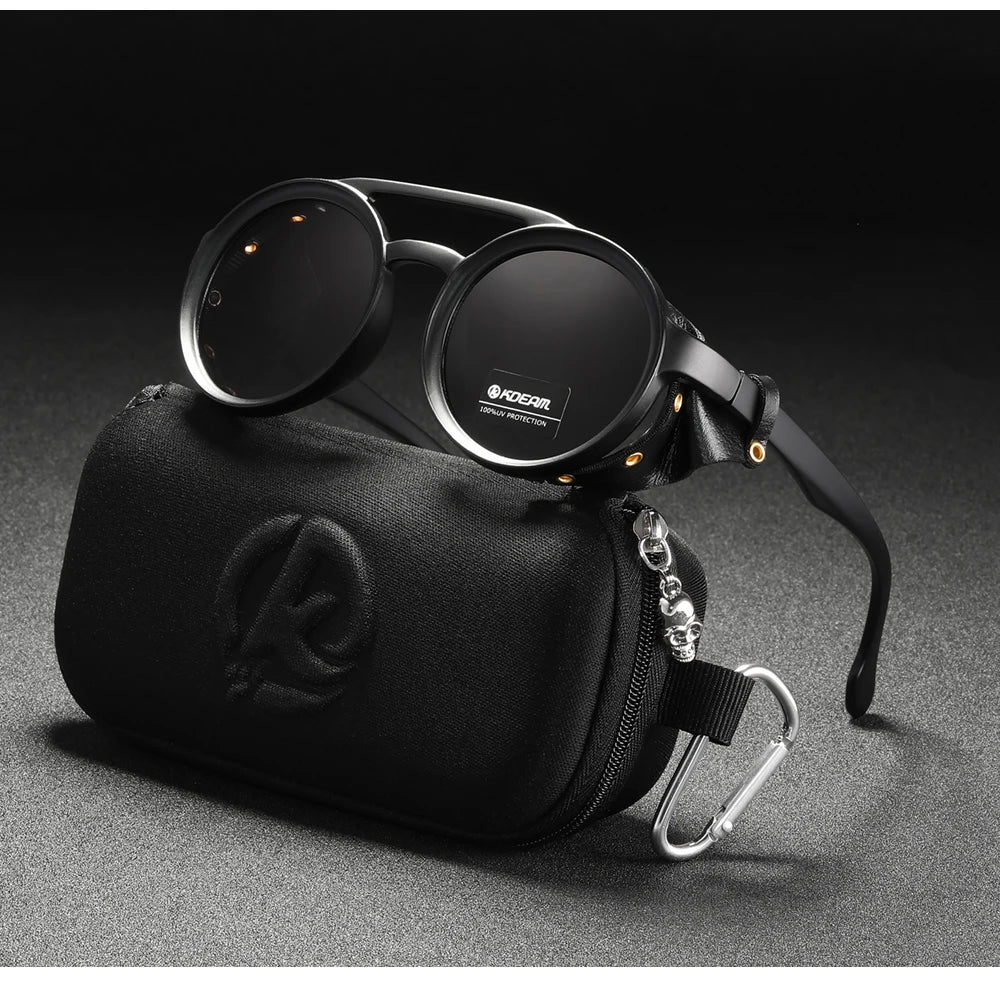 KDEAM Óculos de sol redondos vintage masculino feminino escudo de couro óculos de sol ponte dupla projetado sombra KD179