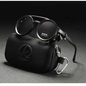 KDEAM Óculos de sol redondos vintage masculino feminino escudo de couro óculos de sol ponte dupla projetado sombra KD179