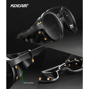 KDEAM Óculos de sol redondos vintage masculino feminino escudo de couro óculos de sol ponte dupla projetado sombra KD179