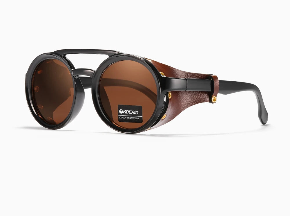 KDEAM Óculos de sol redondos vintage masculino feminino escudo de couro óculos de sol ponte dupla projetado sombra KD179
