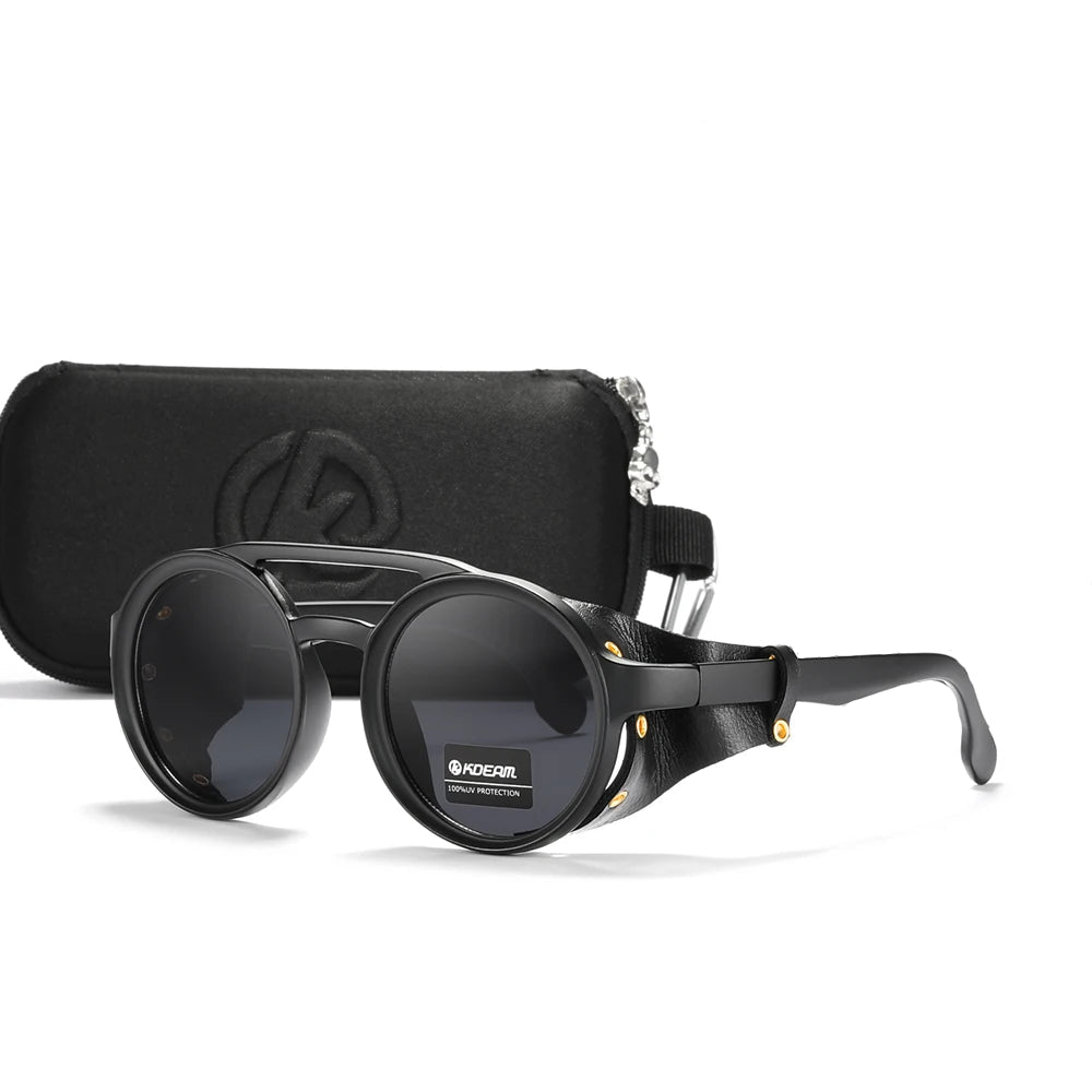 KDEAM Óculos de sol redondos vintage masculino feminino escudo de couro óculos de sol ponte dupla projetado sombra KD179