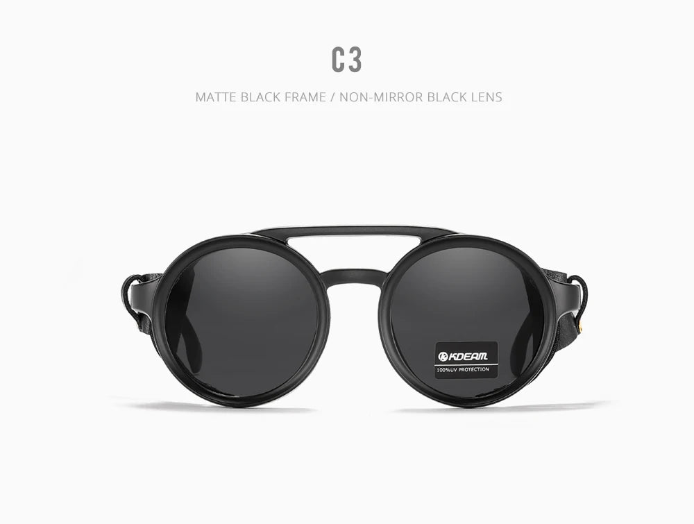 KDEAM Óculos de sol redondos vintage masculino feminino escudo de couro óculos de sol ponte dupla projetado sombra KD179
