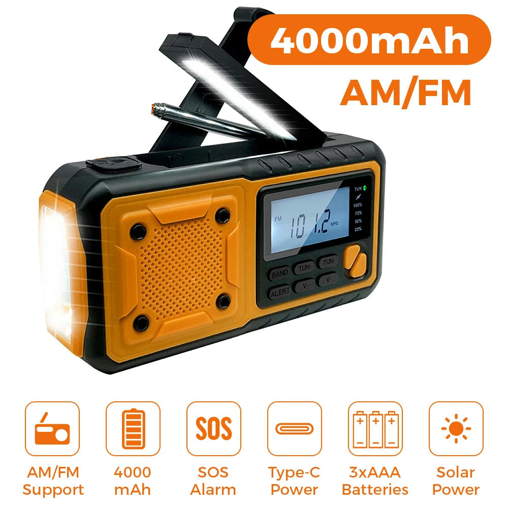 4000mah portátil de emergência rádio energia solar manivela carregamento am/fm rádio meteorológico led leitura lanterna banco carregador telefone