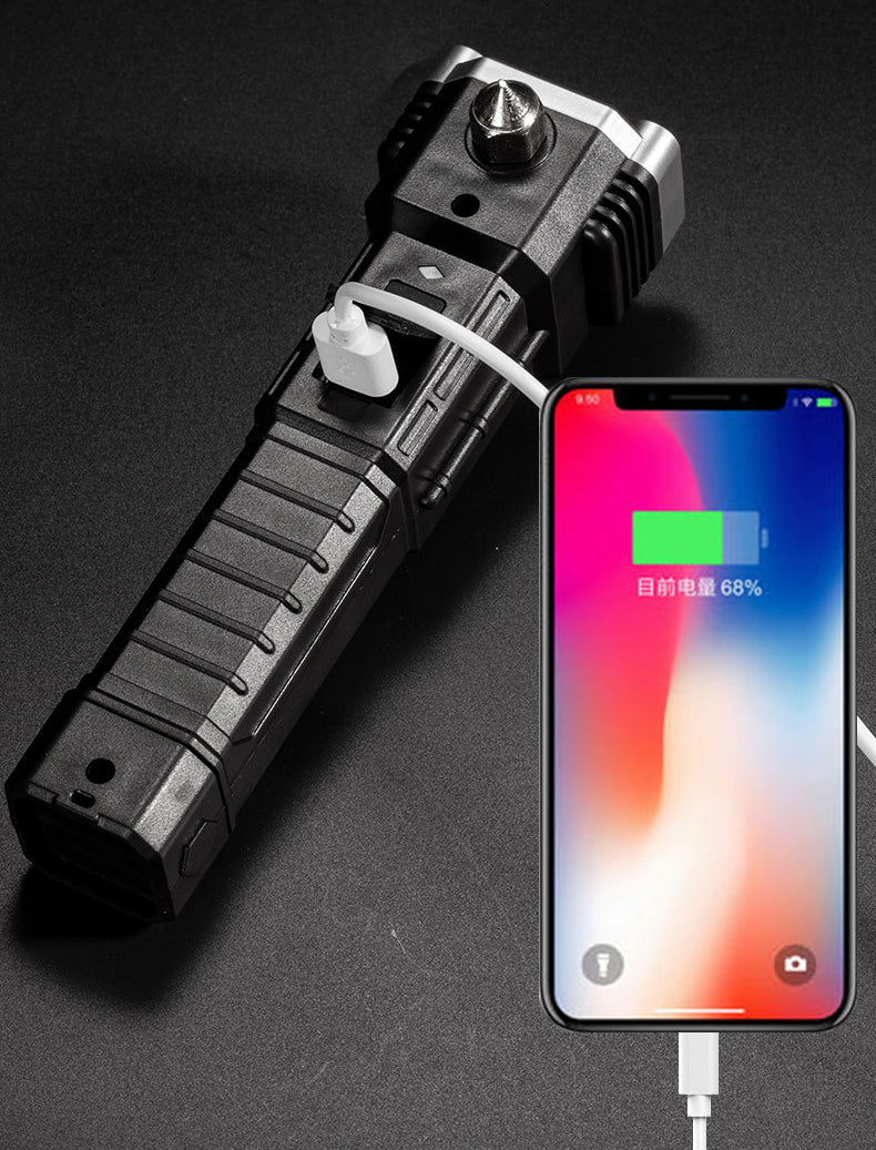 Lanterna Tática 4 em 1 COB USB com Martelo de Segurança