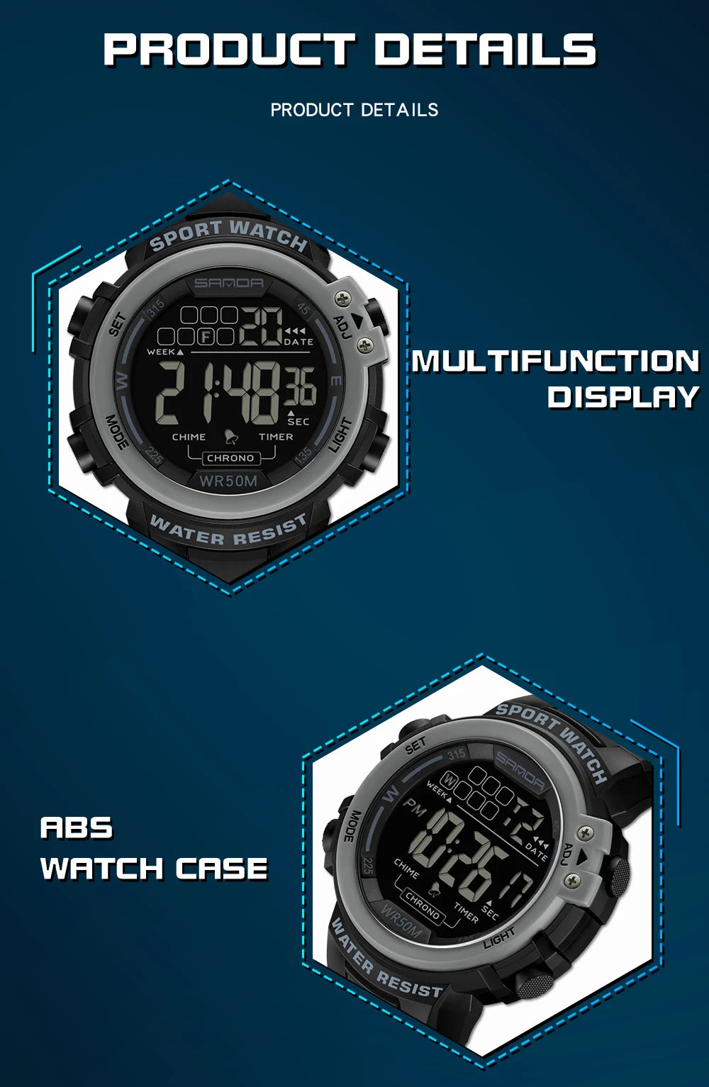 Sanda relógio masculino estilo militar g, despertador digital led, moda esportiva, display duplo, 50m, à prova d'água