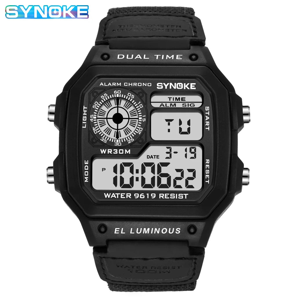 Synoke relógio digital militar ao ar livre para homens moda retro pulseira de lona de náilon esportes relógio à prova dwaterproof água multifuncional luminoso