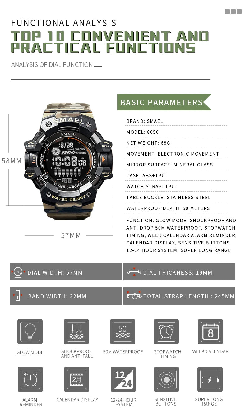 Smael relógio digital militar led esportes relógios de pulso 50m à prova dwaterproof água led cronômetro 8050 relógios do exército digital grande dail relógio alarme