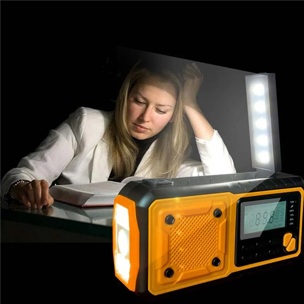 4000mah portátil de emergência rádio energia solar manivela carregamento am/fm rádio meteorológico led leitura lanterna banco carregador telefone