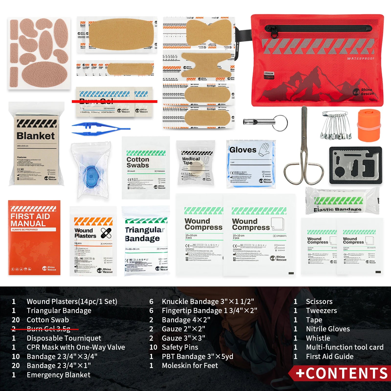 Kit de primeiros socorros pequeno Rhino Rescue – Kit médico ultraleve à prova d'água para caminhadas, mochilão, ciclismo, veículos de viagem