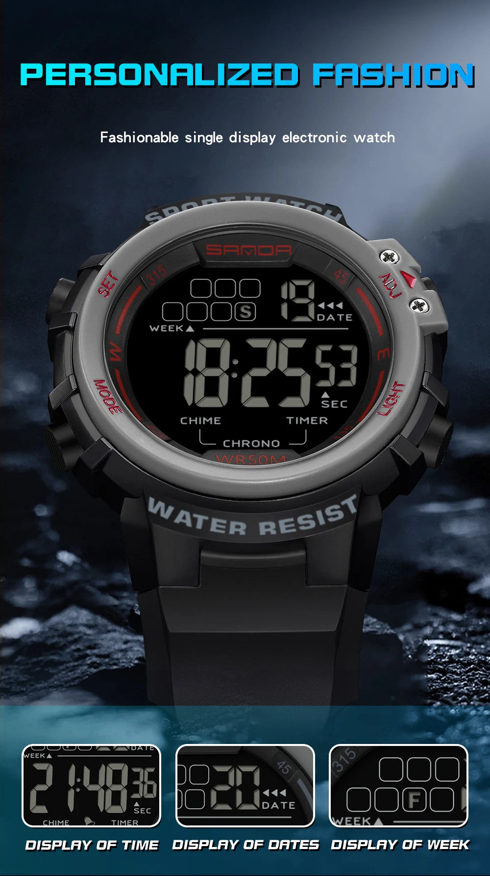 Sanda relógio masculino estilo militar g, despertador digital led, moda esportiva, display duplo, 50m, à prova d'água