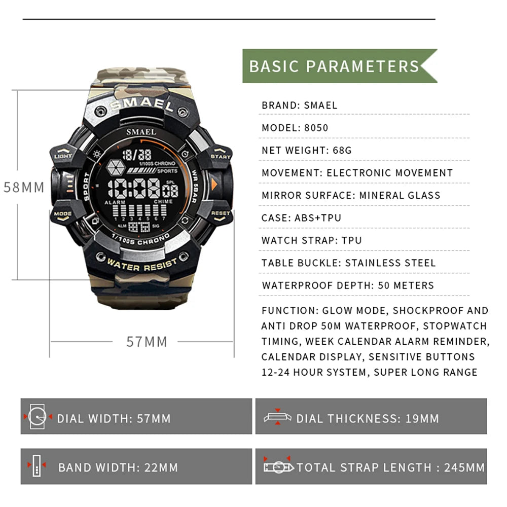 Smael relógio digital militar led esportes relógios de pulso 50m à prova dwaterproof água led cronômetro 8050 relógios do exército digital grande dail relógio alarme