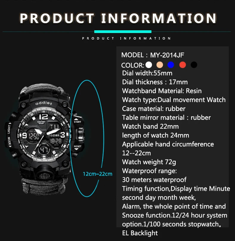 Addies novo esportes ao ar livre led digital relógio masculino bússola assobios à prova dwaterproof água multifuncional relógio de quartzo do exército relogio masculino