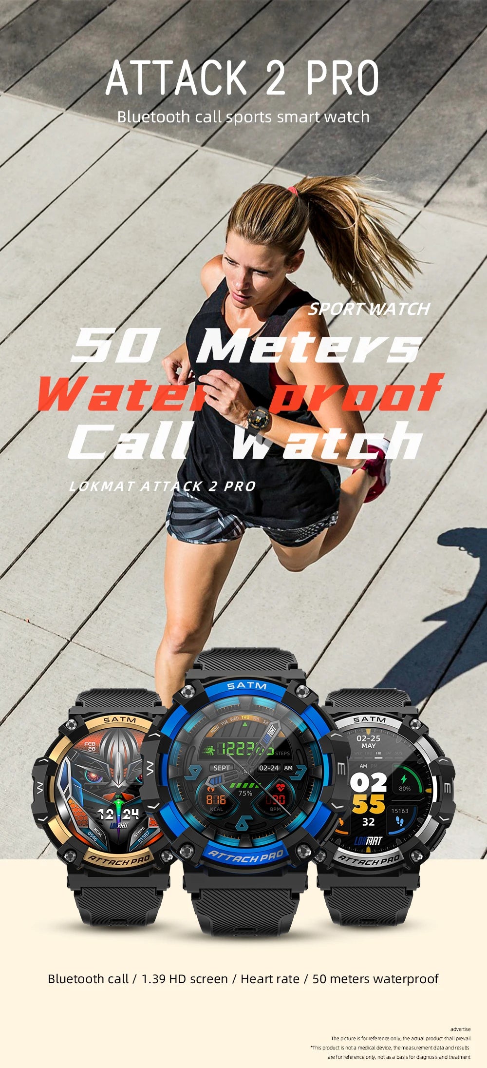 LOKMAT-ATTACK 2 PRO Sport Smart Watch, tela de toque redonda completa, chamadas Bluetooth, rastreador de fitness, smartwatches, monitor de freqüência cardíaca