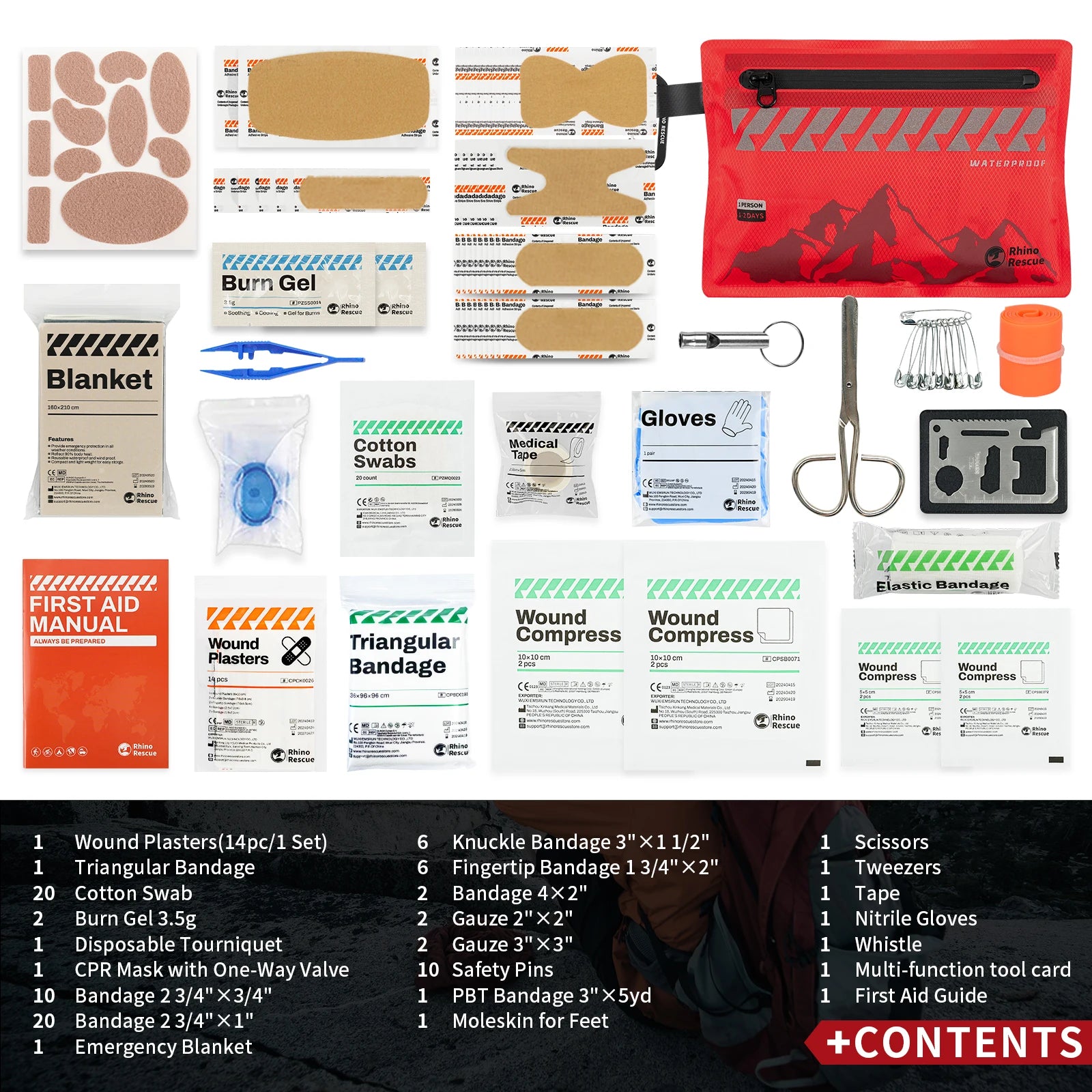 Kit de primeiros socorros pequeno Rhino Rescue – Kit médico ultraleve à prova d'água para caminhadas, mochilão, ciclismo, veículos de viagem