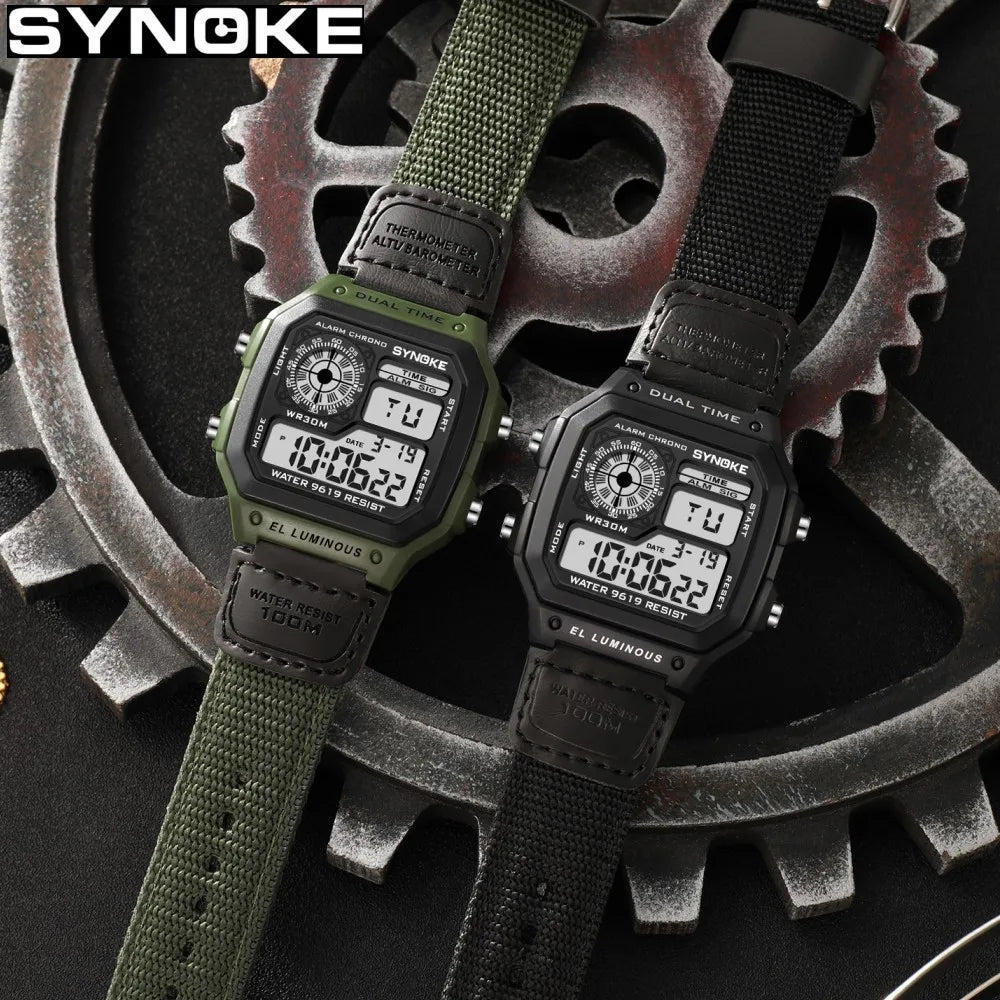 Synoke relógio digital militar ao ar livre para homens moda retro pulseira de lona de náilon esportes relógio à prova dwaterproof água multifuncional luminoso