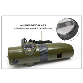 Apito de sobrevivência na selva 7 em 1, mtb, bússola, espelho, lanterna, lupa, luz led, termômetro, armazenamento, ferramenta de bússola