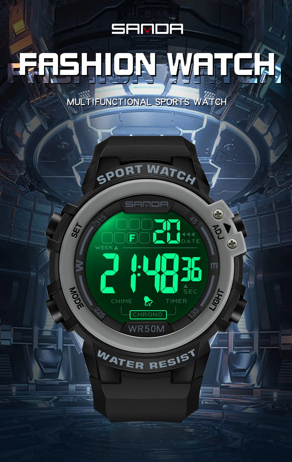 Sanda relógio masculino estilo militar g, despertador digital led, moda esportiva, display duplo, 50m, à prova d'água