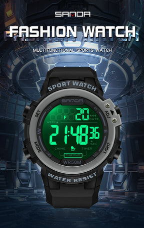 Sanda relógio masculino estilo militar g, despertador digital led, moda esportiva, display duplo, 50m, à prova d'água