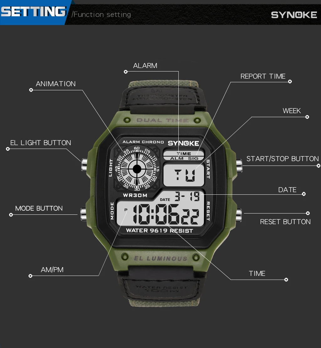 Synoke relógio digital militar ao ar livre para homens moda retro pulseira de lona de náilon esportes relógio à prova dwaterproof água multifuncional luminoso