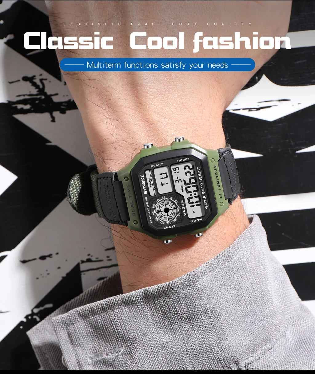 Synoke relógio digital militar ao ar livre para homens moda retro pulseira de lona de náilon esportes relógio à prova dwaterproof água multifuncional luminoso