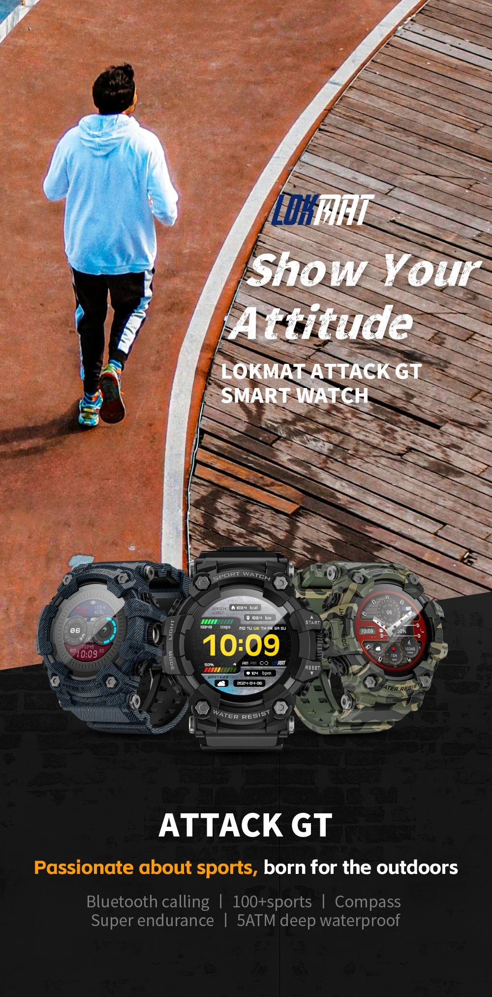 Lokmat ATTACK-GT atualização esporte relógio inteligente à prova dwaterproof água bluetooth chamadas robustos smartwatches lanterna rastreador de fitness para o telefone