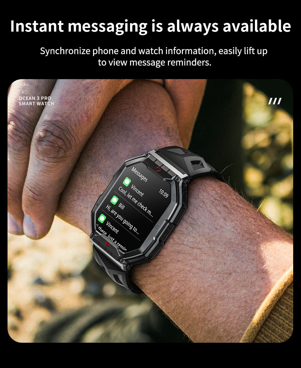 Lokmat oceano 3 pro esporte relógio inteligente robusto fitness à prova dwaterproof água smartwatches monitor de freqüência cardíaca relógio tela toque completo