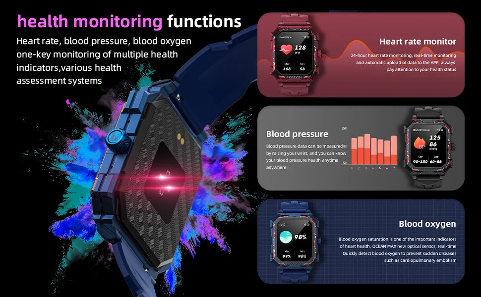 LOKMAT-Oceano Max esporte relógio inteligente, navio emblemático, impermeável, Fitness Tracker, chamadas BT, freqüência cardíaca, sangue, monitor de oxigênio, novo