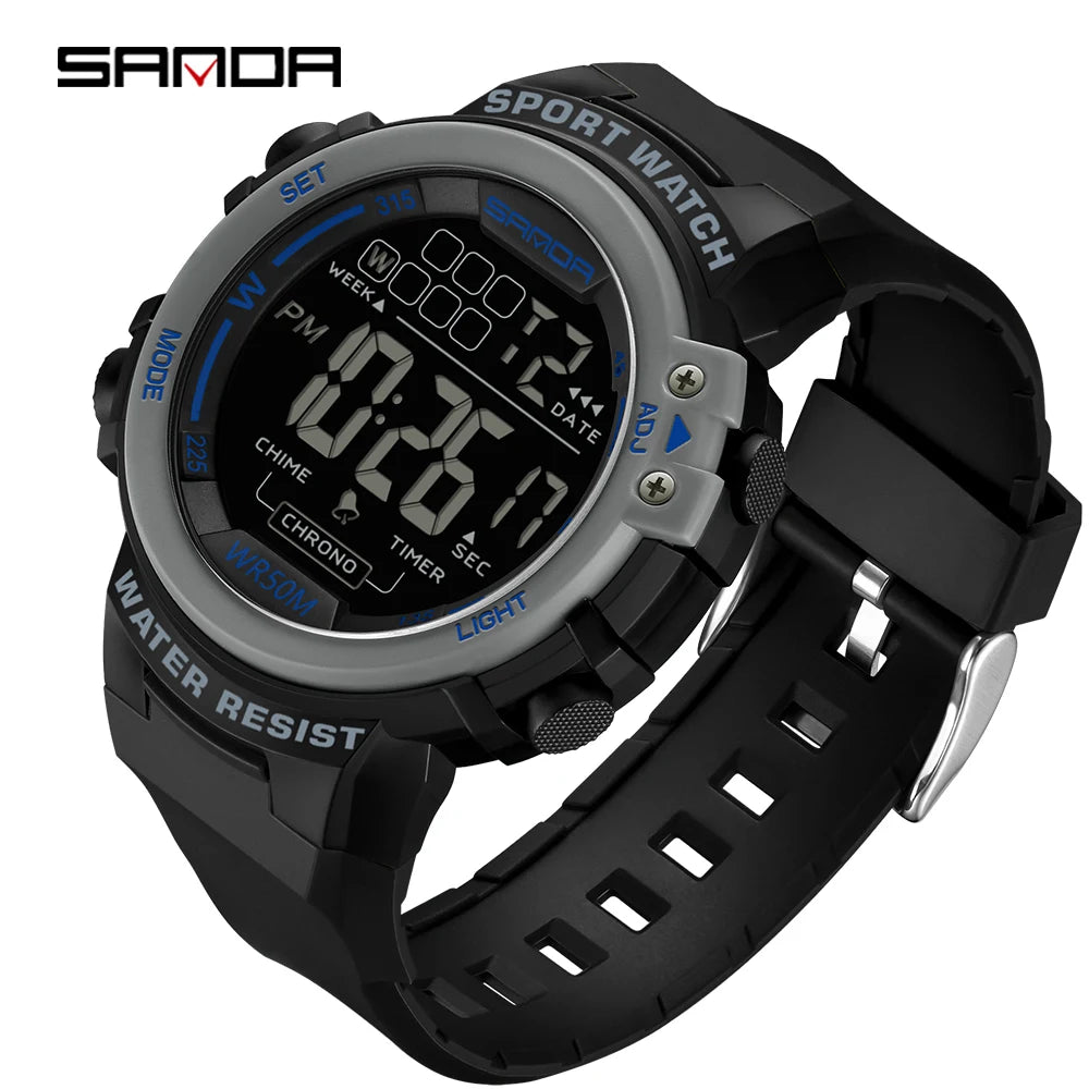 Sanda relógio masculino estilo militar g, despertador digital led, moda esportiva, display duplo, 50m, à prova d'água