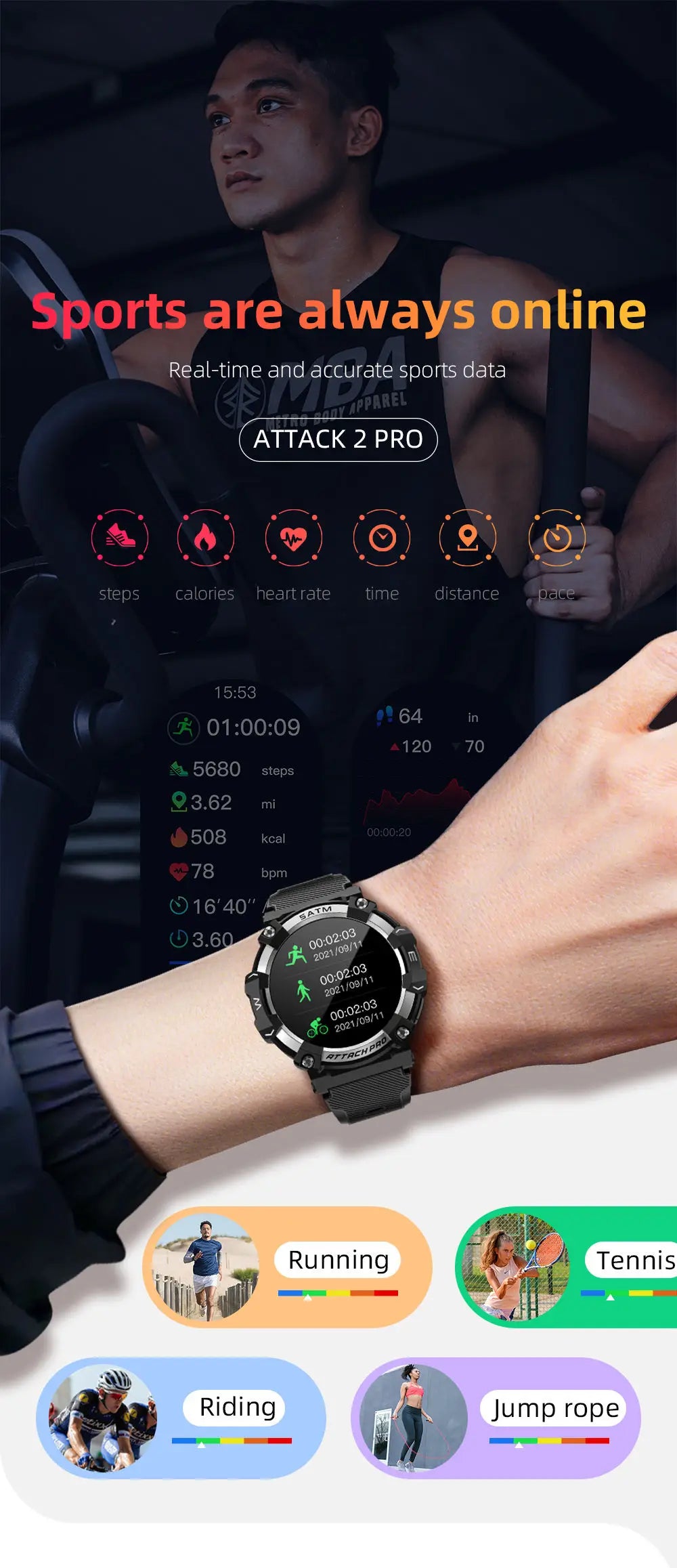 LOKMAT-ATTACK 2 PRO relógios inteligentes para homens e mulheres, fitness, esportes ao ar livre, monitoramento de saúde, compatível com android, ios