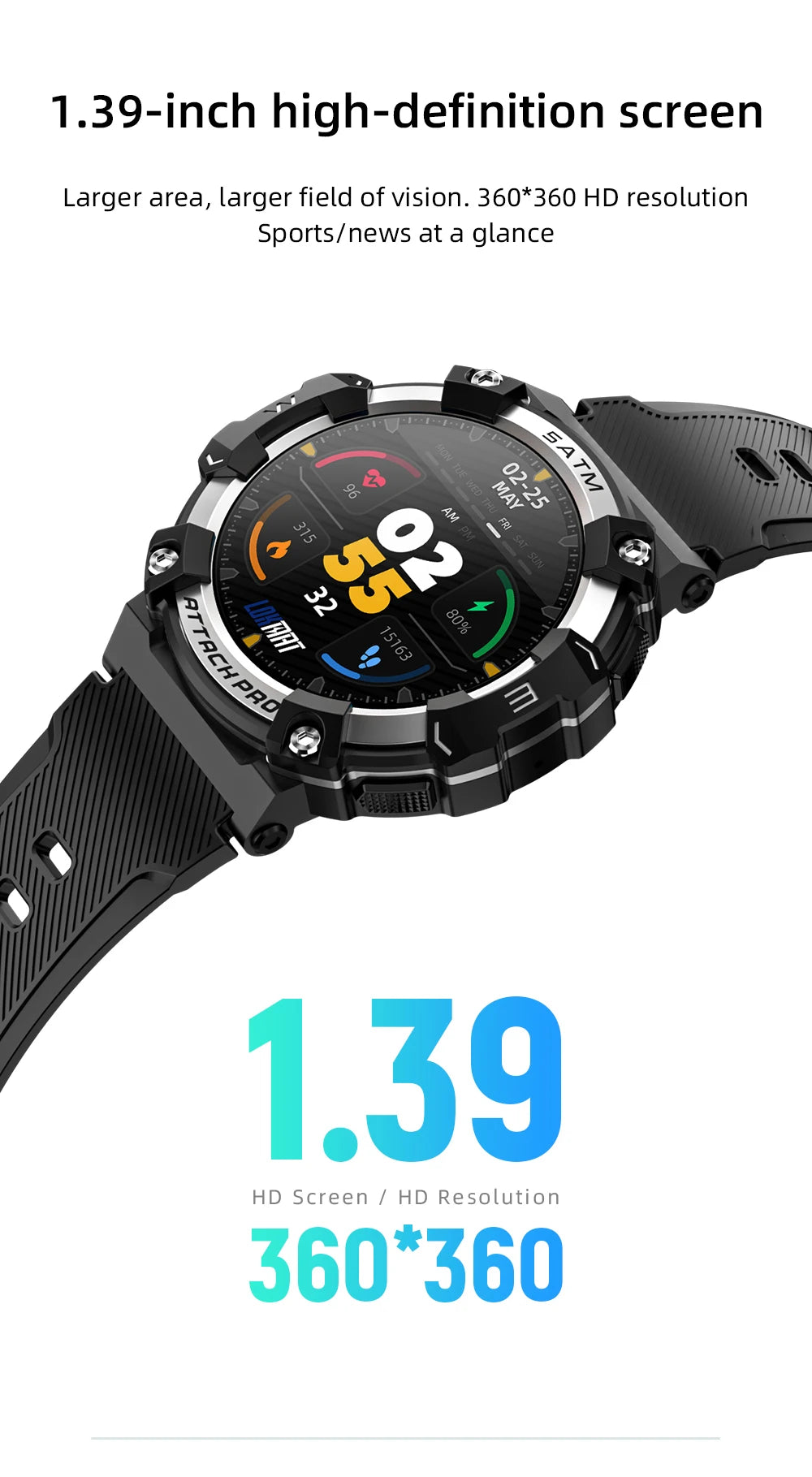 LOKMAT-ATTACK 2 PRO Sport Smart Watch, tela de toque redonda completa, chamadas Bluetooth, rastreador de fitness, smartwatches, monitor de freqüência cardíaca
