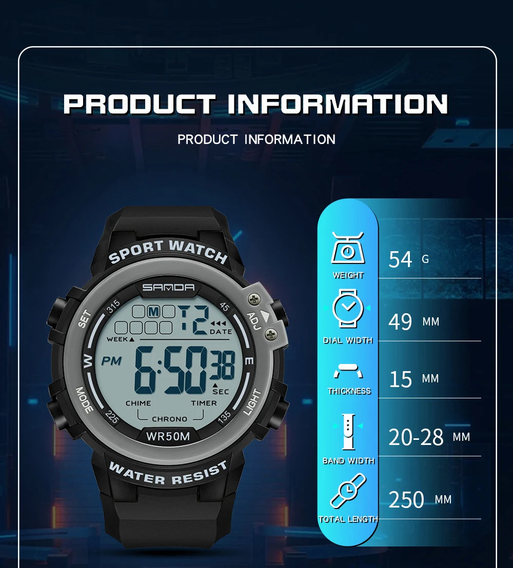 Sanda relógio masculino estilo militar g, despertador digital led, moda esportiva, display duplo, 50m, à prova d'água