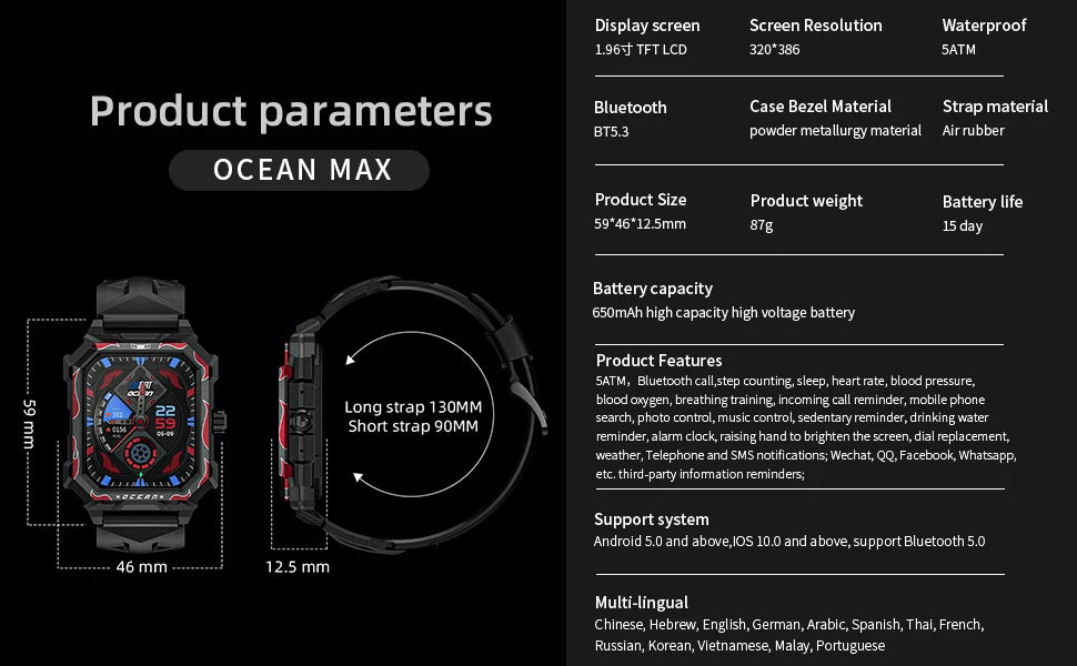 LOKMAT-Oceano Max esporte relógio inteligente, navio emblemático, impermeável, Fitness Tracker, chamadas BT, freqüência cardíaca, sangue, monitor de oxigênio, novo