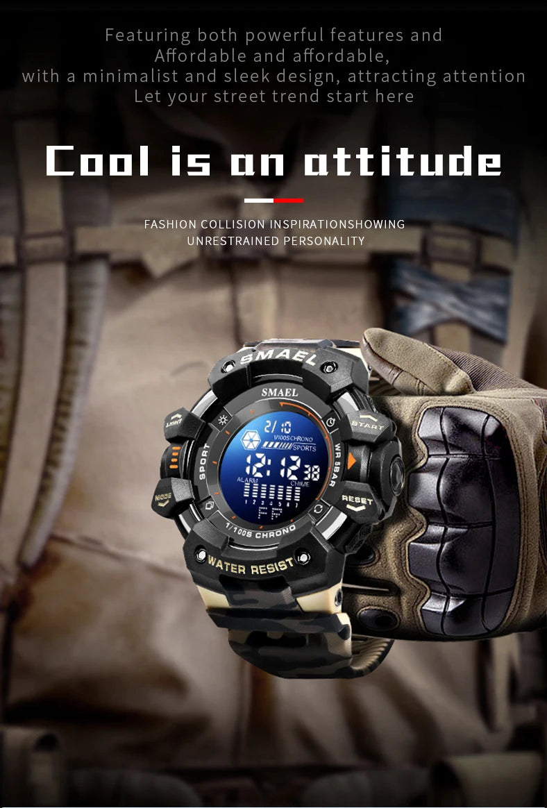 Smael relógio digital militar led esportes relógios de pulso 50m à prova dwaterproof água led cronômetro 8050 relógios do exército digital grande dail relógio alarme
