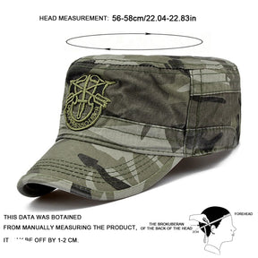 Boné militar de camuflagem unisex com escudo bordado, chapéus casuais ajustáveis, parte superior plana, capitão, ao ar livre, primavera, outono