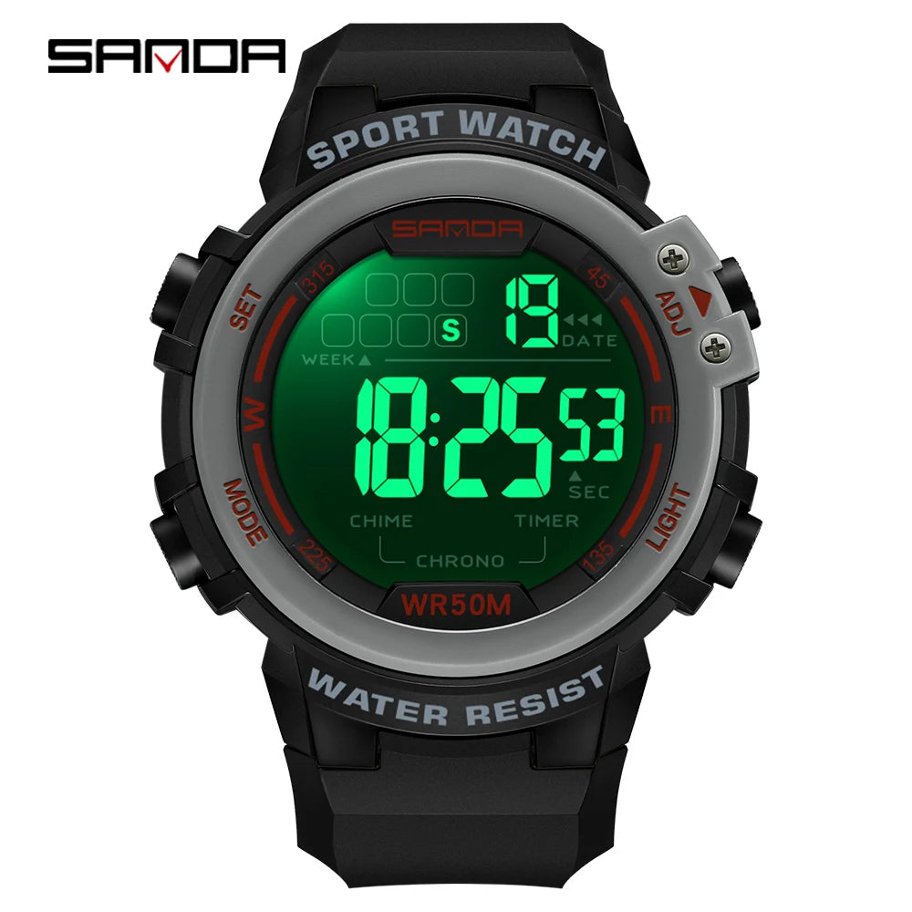 Sanda relógio masculino estilo militar g, despertador digital led, moda esportiva, display duplo, 50m, à prova d'água